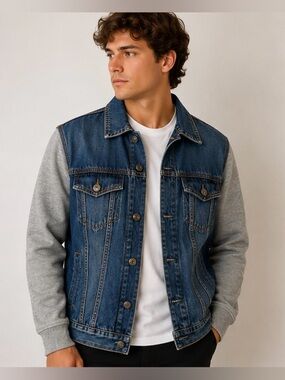 Guess Men’s Large Denim Trucker Jacket Blue Jean Jacket Gray Sweatshirt Sleeves